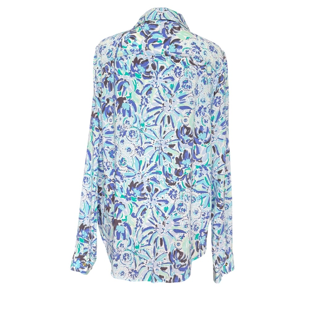 Lilly Pulitzer Floral Button Down Sz L Blue Green Resort Wear Vacation Coastal - Picture 8 of 16